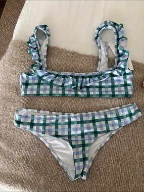 Green Plaid Ruffle Strap Bikini Set - Women Swim